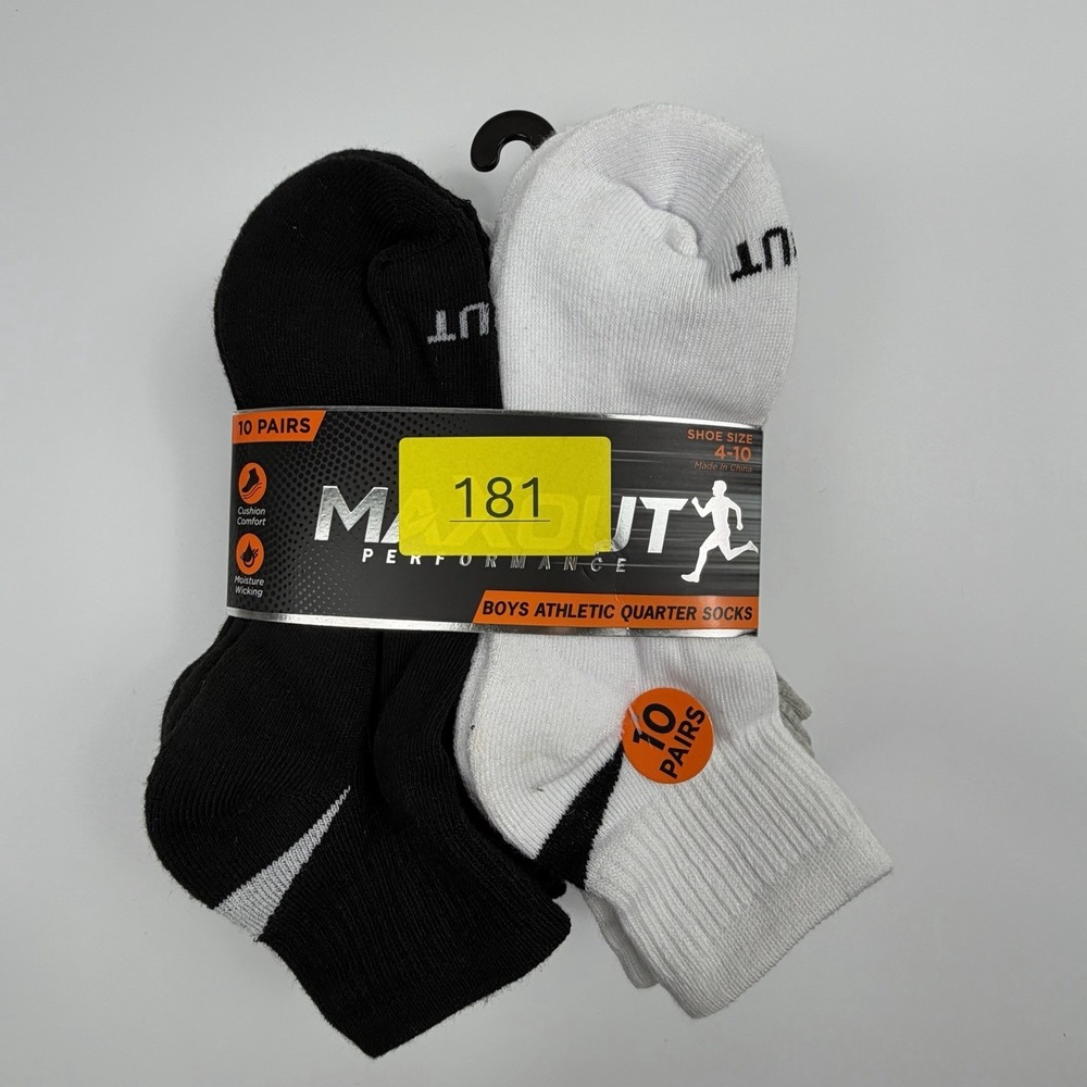 Maxout Performance Boys Athletic Quarter Socks 10 Pair Pack Shoe Size 4–10